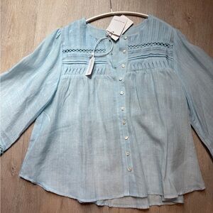 Petite Studio Light Blue Pintuck Lace-Trim Button Front Blouse